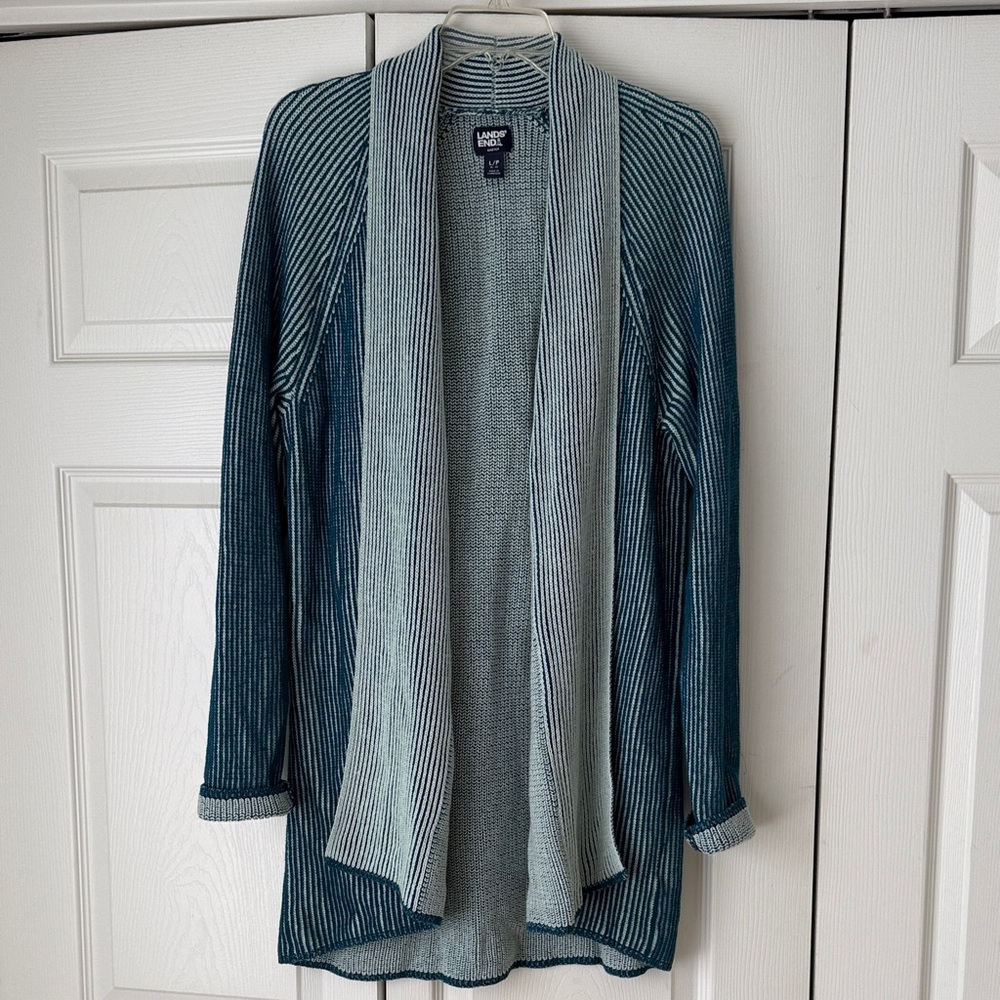 Lands' End Women's Teal Blue white striped Cardigan size L /P 14-16 heavy fall